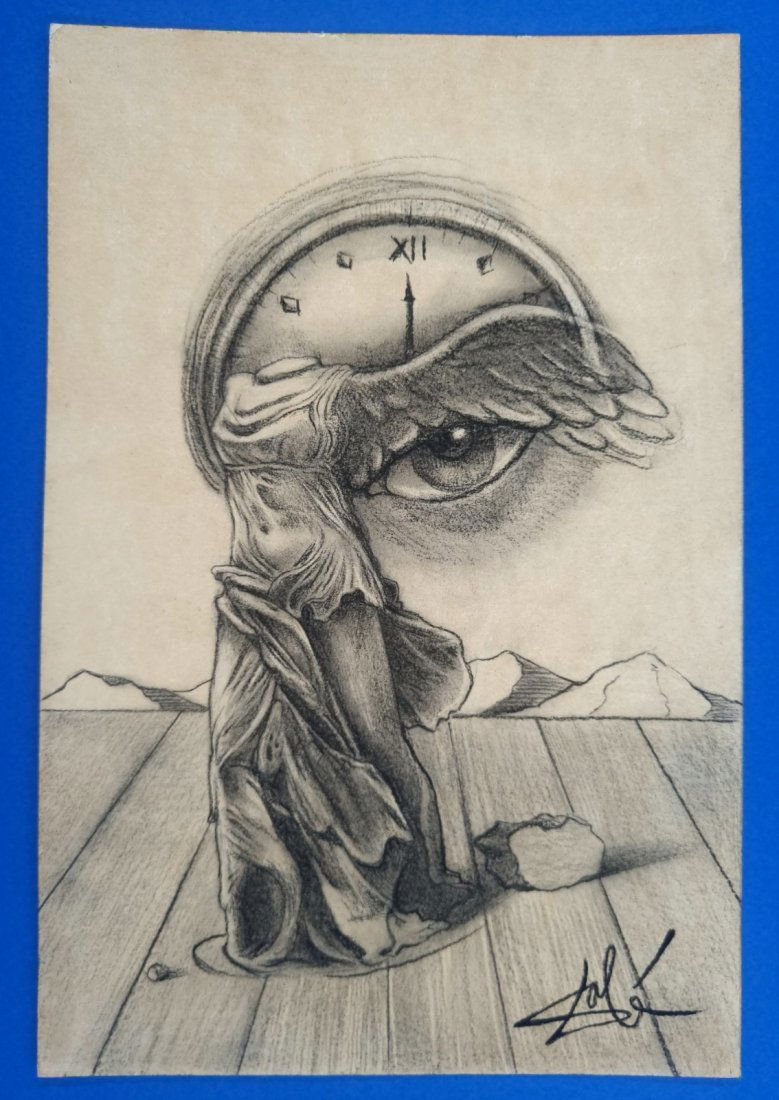Salvador Dali original abstract Angel & Time drawing in Charcoal (1 of 1)