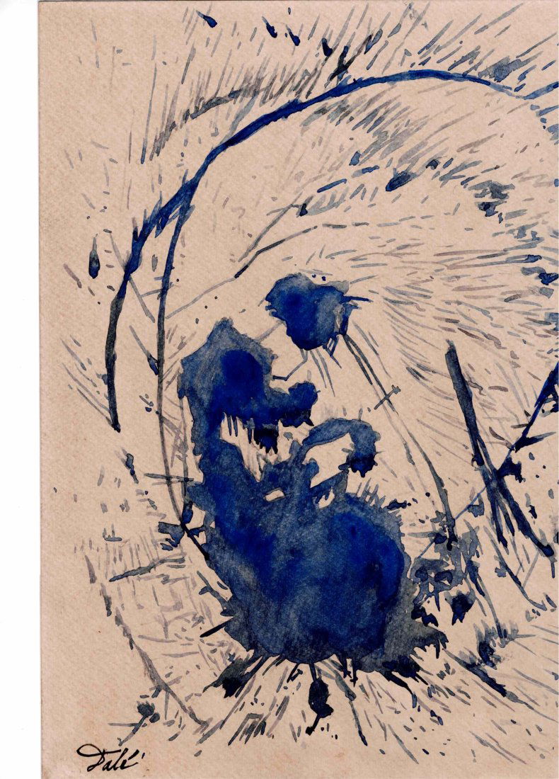 Salvador Dali wash painting FundaciÃ³n Gala-Salvador Dali: lot number 25 is an original blue wash painting to cream art card of a screaming face signed to the lower left hand corner in black. It is 11 1/2 inches by 8 1/4 inches in size.