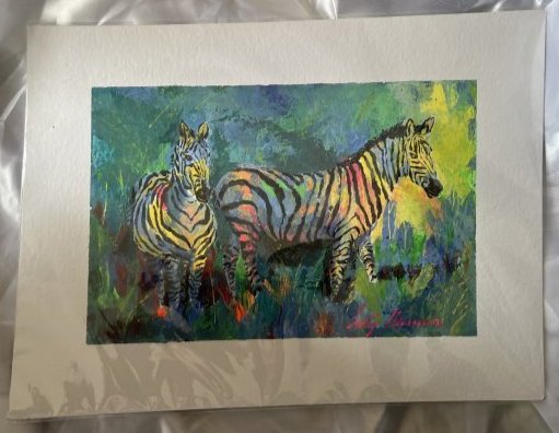 LeRoy Neiman painting of Zebra: Lot number 45 is an original paining by LeRoy Neiman of Zebra which is stunning. It is 15 3/4 inches by 11 3/4 inches in size. The actual painting was done within a tape border and that gives the perf