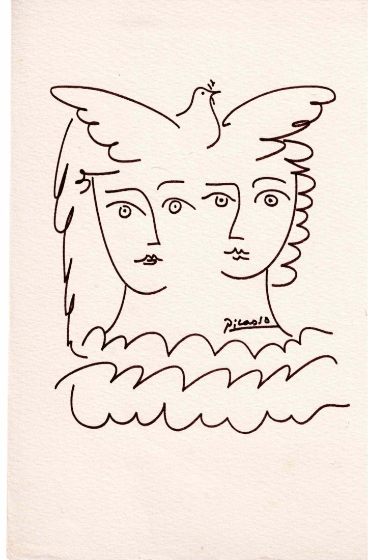 Picasso original line drawing of a Twin Face and Dove (1 of 1)