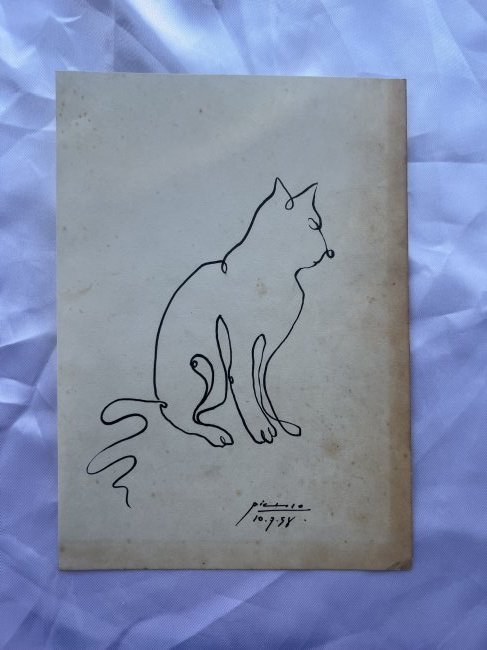 Picasso line drawing of a Cat 1958: Lot number 27 in an original line drawing of a cat by Pablo Picasso drawn, signed and dated 10.7.1958. It is small at 8 1/4 inches by 5 7/8 inches in size. Indian ink to vintage cream paper with some