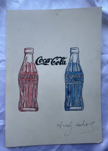 Andy Warhol original Coco ~ Cola Painting: Lot number 33 is an original Coca ~ cola Bottle painting in Black, Blue and Red to cream thin art card being 11 1/2 inches by 8 1/4 inches in size. It is in great condition with a small mark to the to