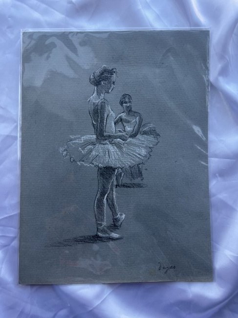 Edgar Degas Vintage Ballerina drawing: Lot number 45 is an original vintage chalk drawing of ballerinas by Edgar Degas. Black and white chalk to card stock being 12 inches by 9 inches. This has some creasing due to age and handling.