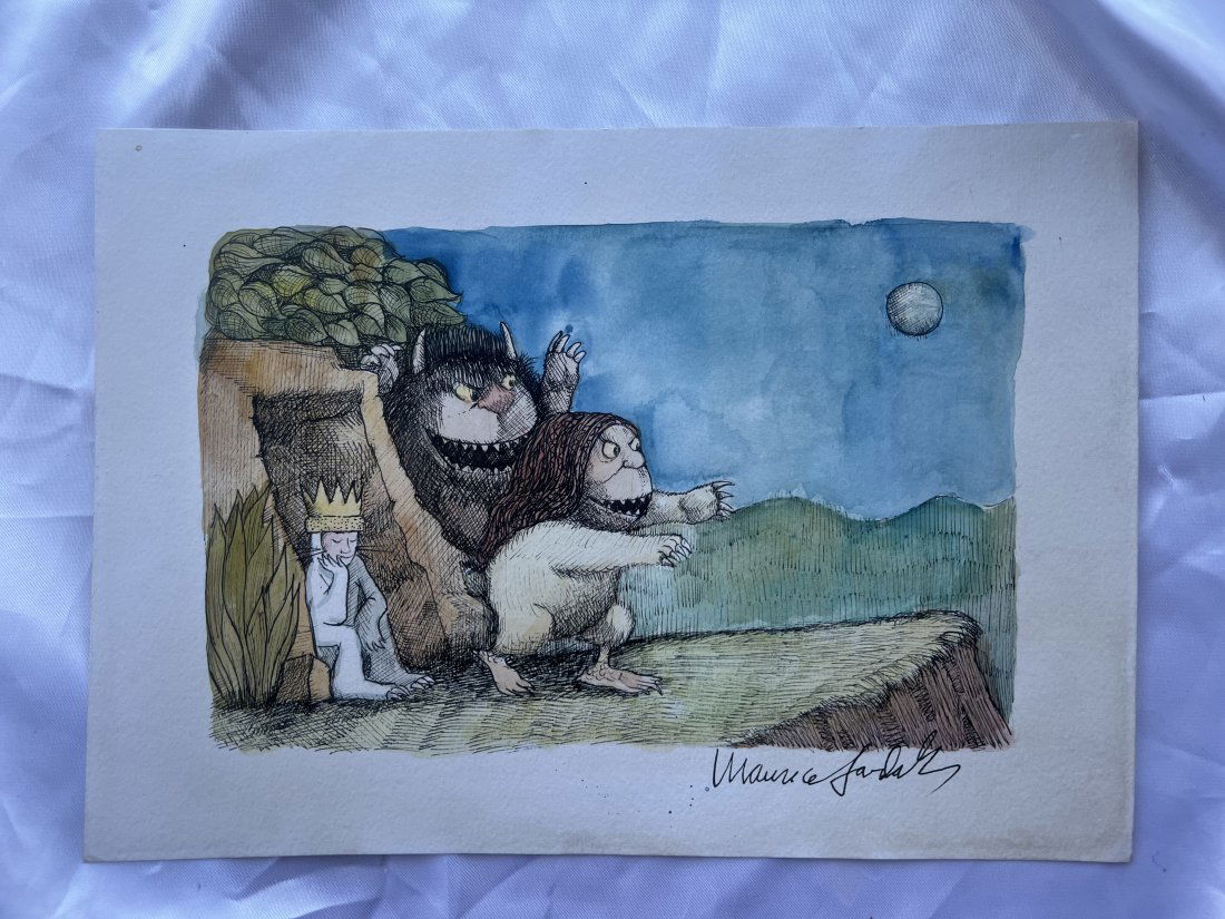 Maurice Sendak original painting: Lot number 57 is an original painting by Maurice Sendak of Max with Wild thing. It is cream card stock painting with pen and ink and is 12 inches by 8 1/4 inches in size. It does have some discolourat