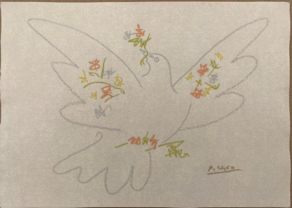 Pablo Picasso Peace Dove: lot number 64:Artist:Pablo Picasso (1881-1973, Spanish)Description:Dove of peaceSigned: PicassoDate:C. 1957Media:Wax crayon on paperDimensions:29.6 x 41.5 cm. (14 1/4 x 16 3/8 Ins).Condition: Drawing 