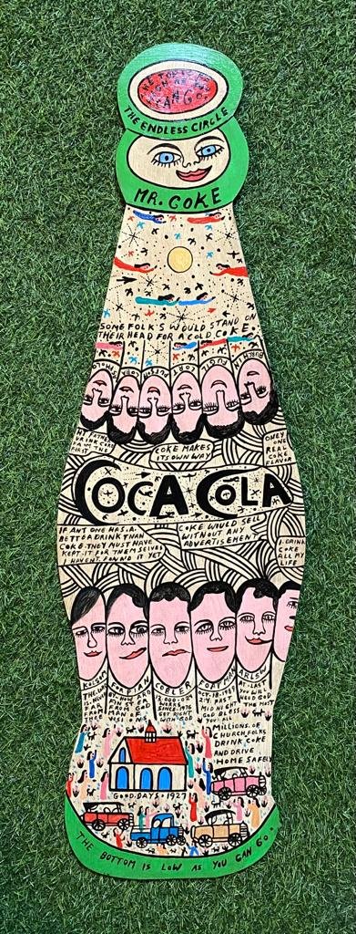 Howard Finster original painting to wood Coca _ Cola: Lot number 69 is an original painting to wood by Howard Finster(American, 1916-2001) This is 34 inches by 10 1/7 inches Signed, dated, and inscribed on the reverse: