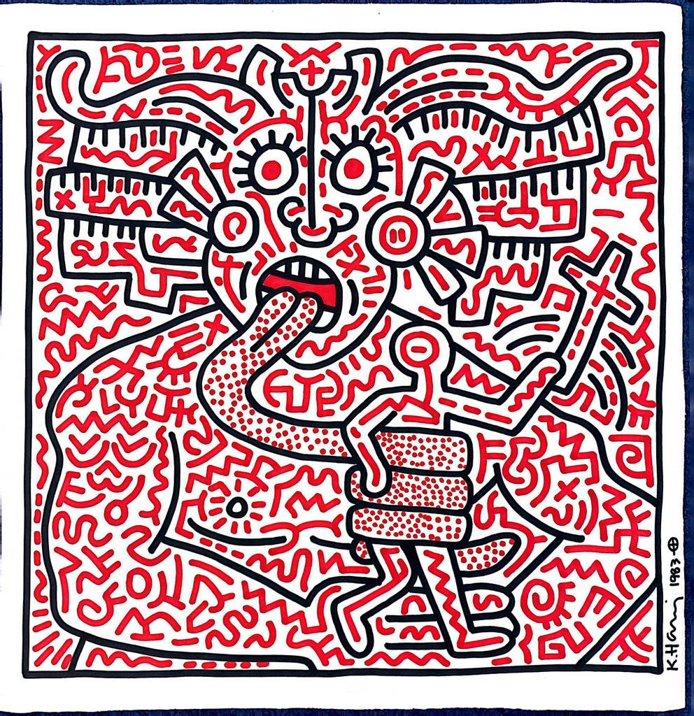 Keith Haring original drawing very large certified 1983: Lot number 91 is an original Keith Haring drawing of Medusa in Blue and Red which is very large at 24 1/8” x 24 1/16” (61.4 x 61.2 cm). Signed to the bottom right hand corner 1983