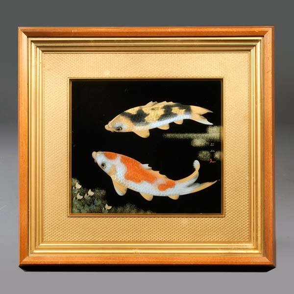Shadow box framed Japanese artwork of two koi: Shadow-box-framed Japanese artwork of two koi fish, 16" x 17".