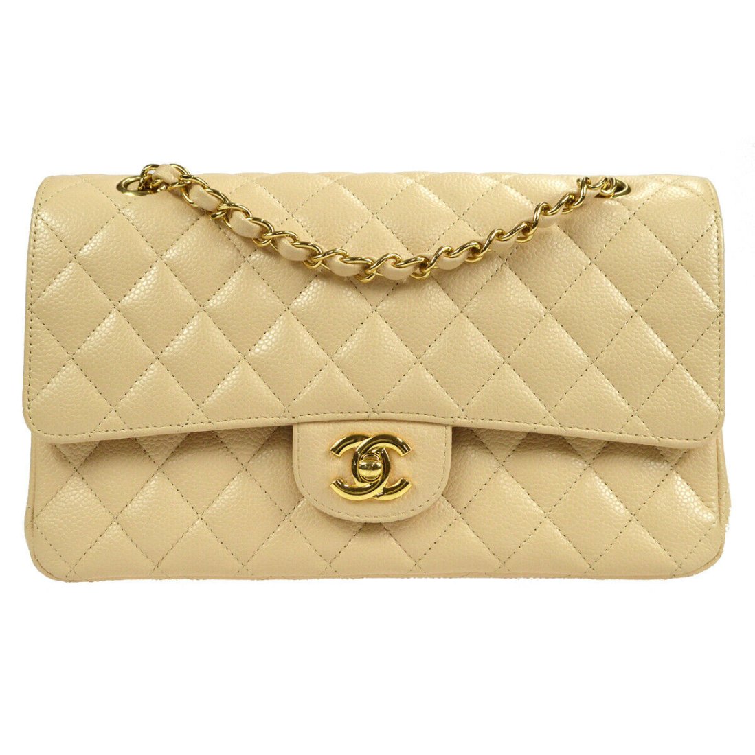 CHANEL Classic Double Flap Medium Shoulder Bag 14202473 Beige Caviar Skin 52034: CHANEL Classic Double Flap Medium Shoulder Bag 14202473 Beige Caviar Skin 52034Use traces slightly, it looks like a new one
