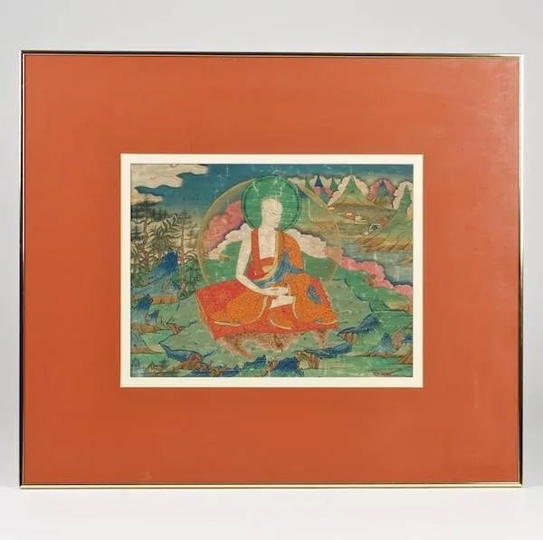 Sino-Tibetan gouache painting of Luohan: Sino-Tibetan gouache painting of Luohan Length: 16 1/2 in. , Width: 12 1/2 in. , Any representation in any catalogue or otherwise as to the origin,date,age,attribution, authenticity or estimated selli