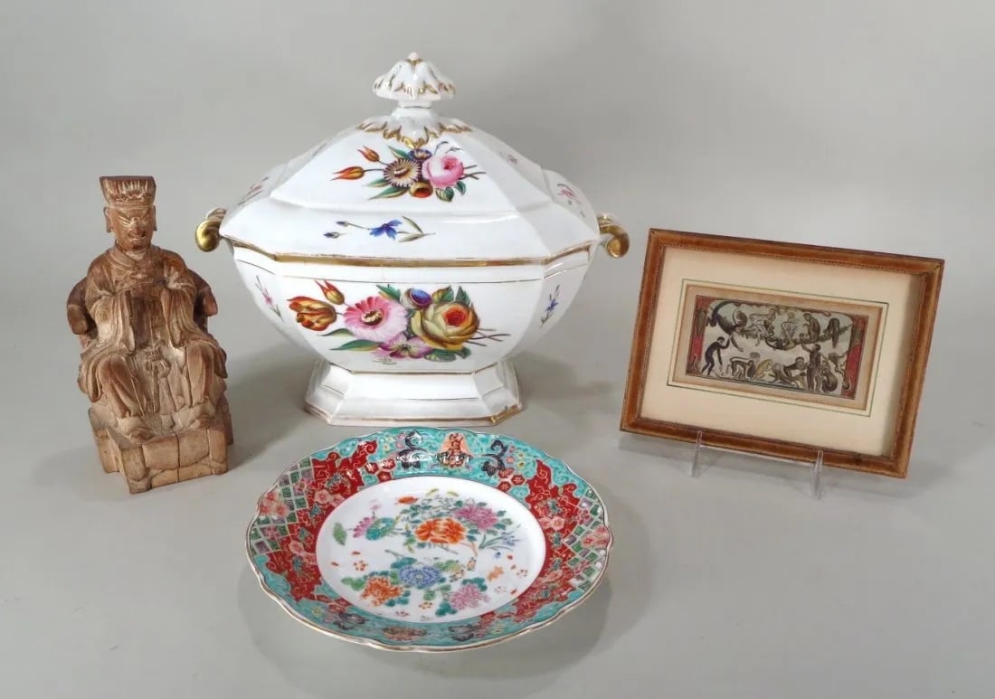 Four Decorative Objects; EuroAsian Tureen is 15 handle to handle: Four Decorative Objects; EuroAsian Tureen is 15 handle to handle With Several Sizes Any representation in any catalogue or otherwise as to the origin,date,age,attribution, authenticity or estimated se