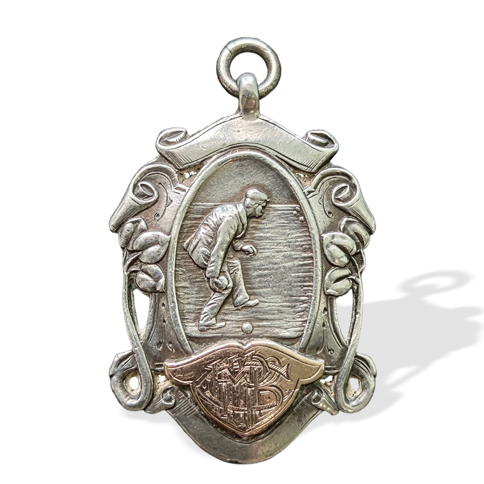 1908 BIRMINGHAM UK 925 STERLING GOLD-INLAID ANTIQUE PENDANT BADGE MEDAL: Weight: 20.1 g; Made by renowned silversmith William James Dingley (W.J.D), 1909 Bowling Personal Challenge medal.