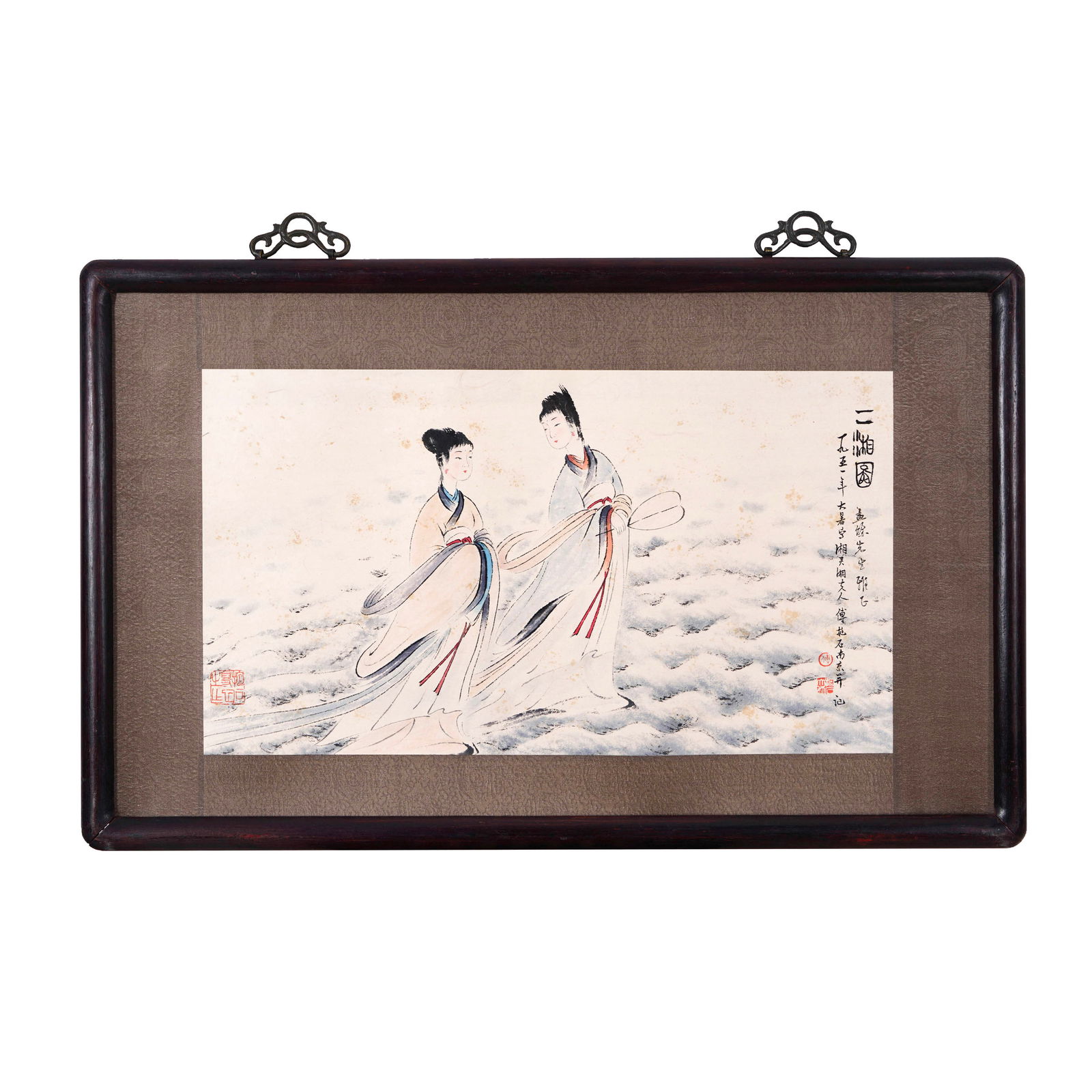 FU BAOSHI (1904-1965), INK ON PAPER: Image Size (excluding frame): 48 x 27 cm (18 7/8 x 10 5/8 in) This exquisite painting by Fu Baoshi captures two elegant figures walking amidst misty waves, rendered in delicate brushstrokes and soft,