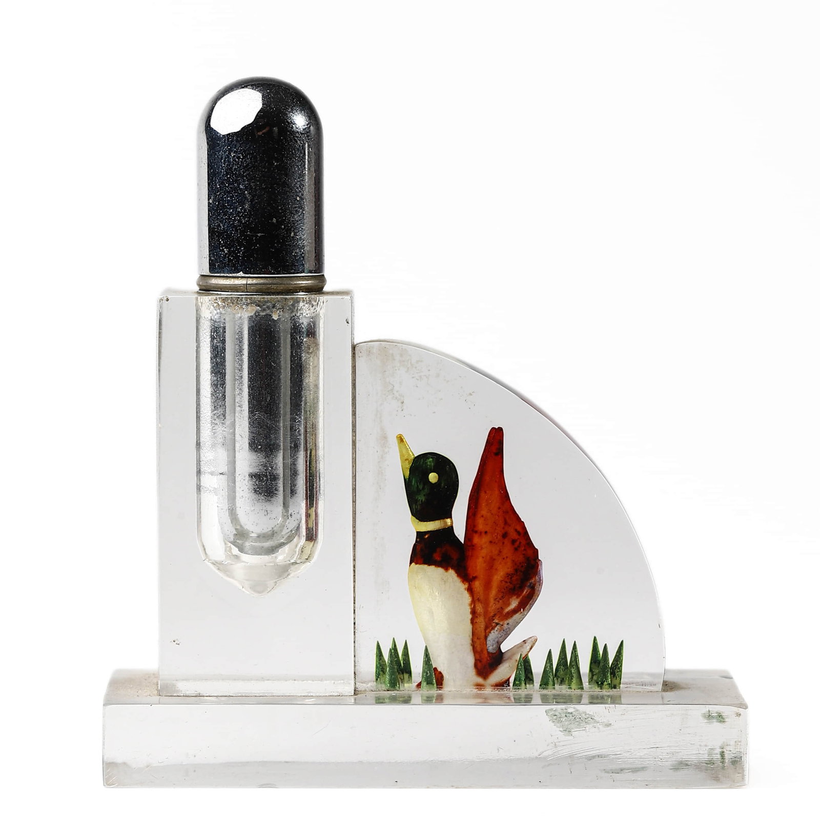 VINTAGE LUCITE TABLE LIGHTER WITH MALLARD MOTIF (1 of 4)