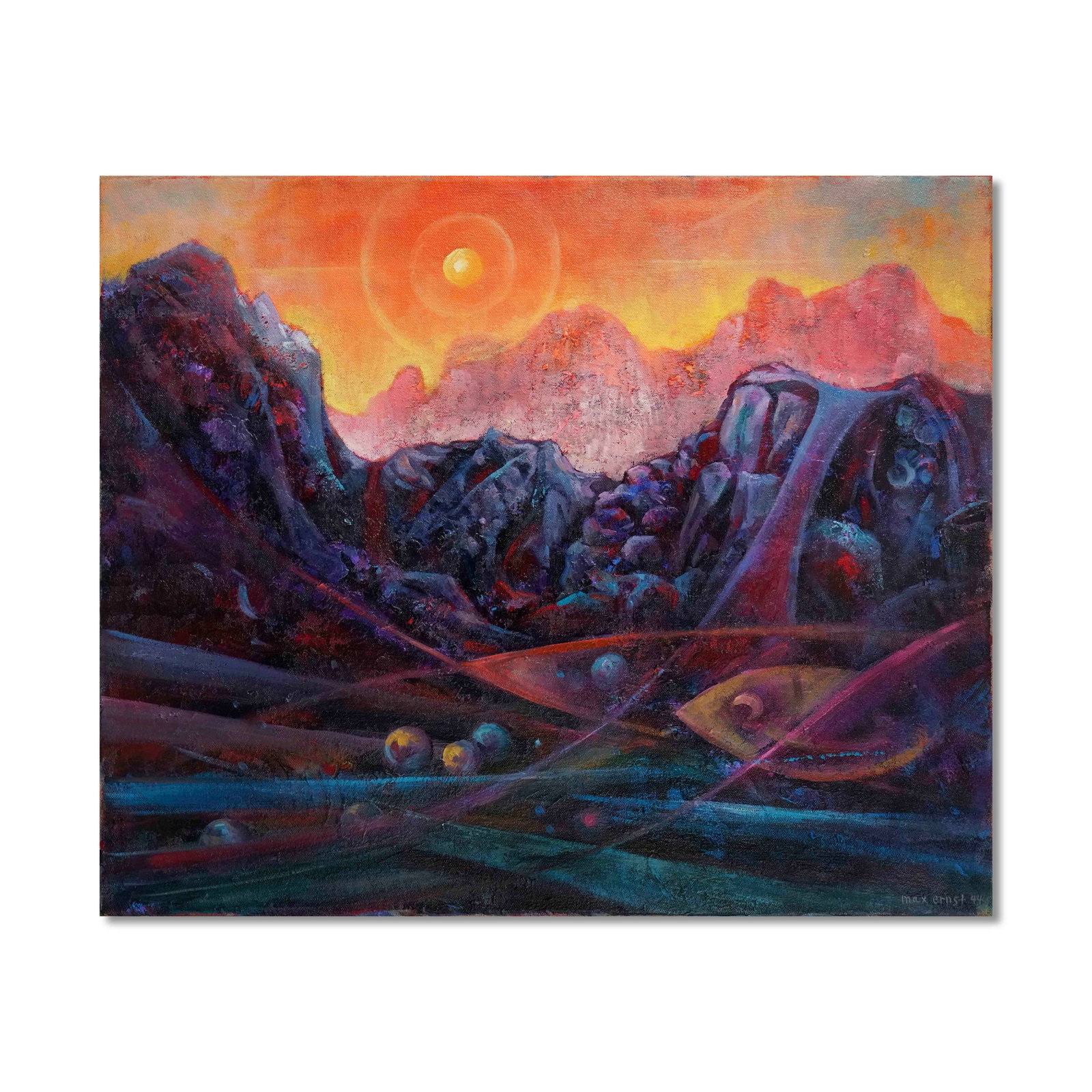 MAX ERNST (1891-1976), ATTRIBUTED TO, OIL ON CANVAS: Signed (lower right and reverse) Image Dimensions: 26 x 31 1/2 in (66 x 80 cm) This captivating oil painting titled "SOLEIL" (French for "Sun") was created by Max Ernst in 1944, during a prolific peri