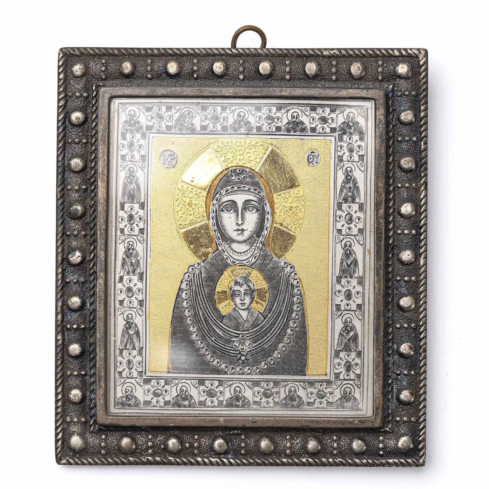 VICTORIAN ITALIAN ANTIQUE SILVER-GILT MADONNA TABLETOP ICON, 1837-1901.: Length: 3 1/4 in (8.3 cm); Width: 2 3/4 in (7.1 cm); Weight: 65.4 g