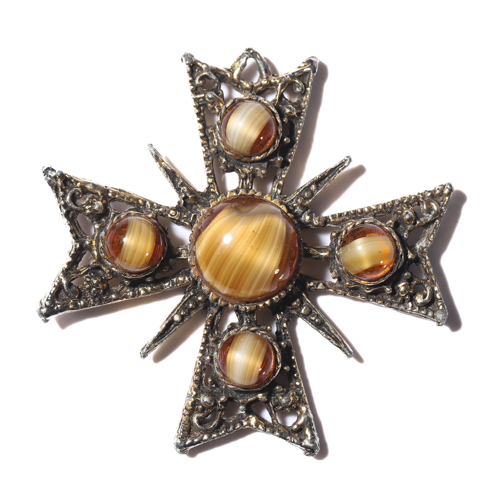 A GILT METAL CROSS BROOCH INSET WITH AGATE CABOCHONS (1 of 4)