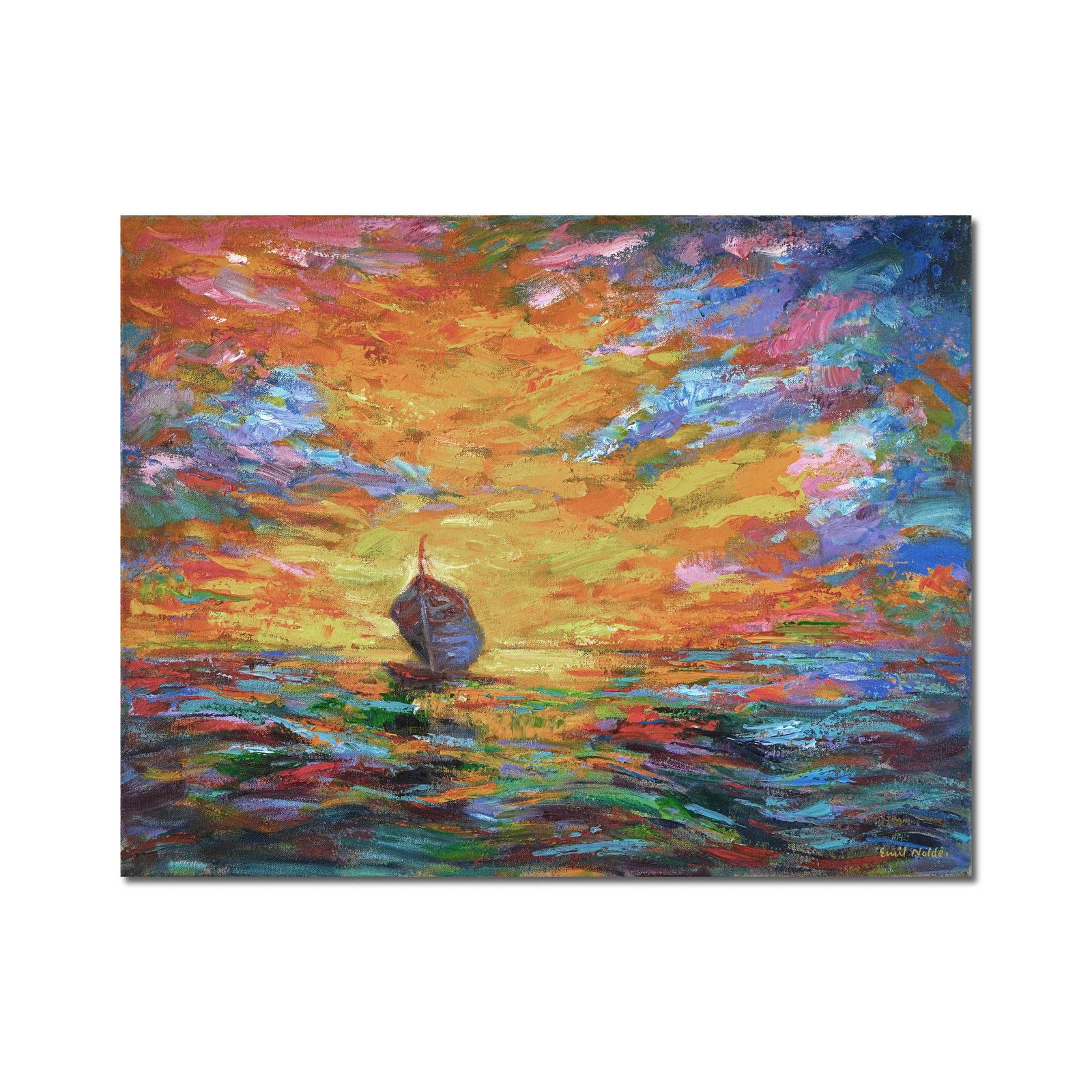 EMIL NOLDE (1867-1956), ATTRIBUTED TO, OIL ON CANVAS: Image dimensions: 33 x 25 1/2 in (83.5 x 65 cm) Signed (lower right) This painting comes with COA. Created in 1910, this vividly colored work titled "Sunrise" is a striking example by German Expressio