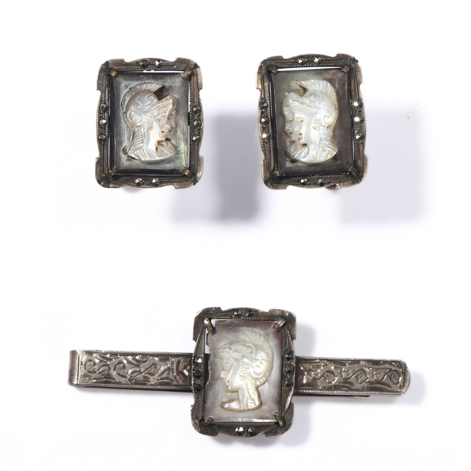 VICTORIAN SILVER TIE CLIP AND CUFFLINKS SET WITH MOTHER-OF-PEARL CAMEOS (1 of 4)