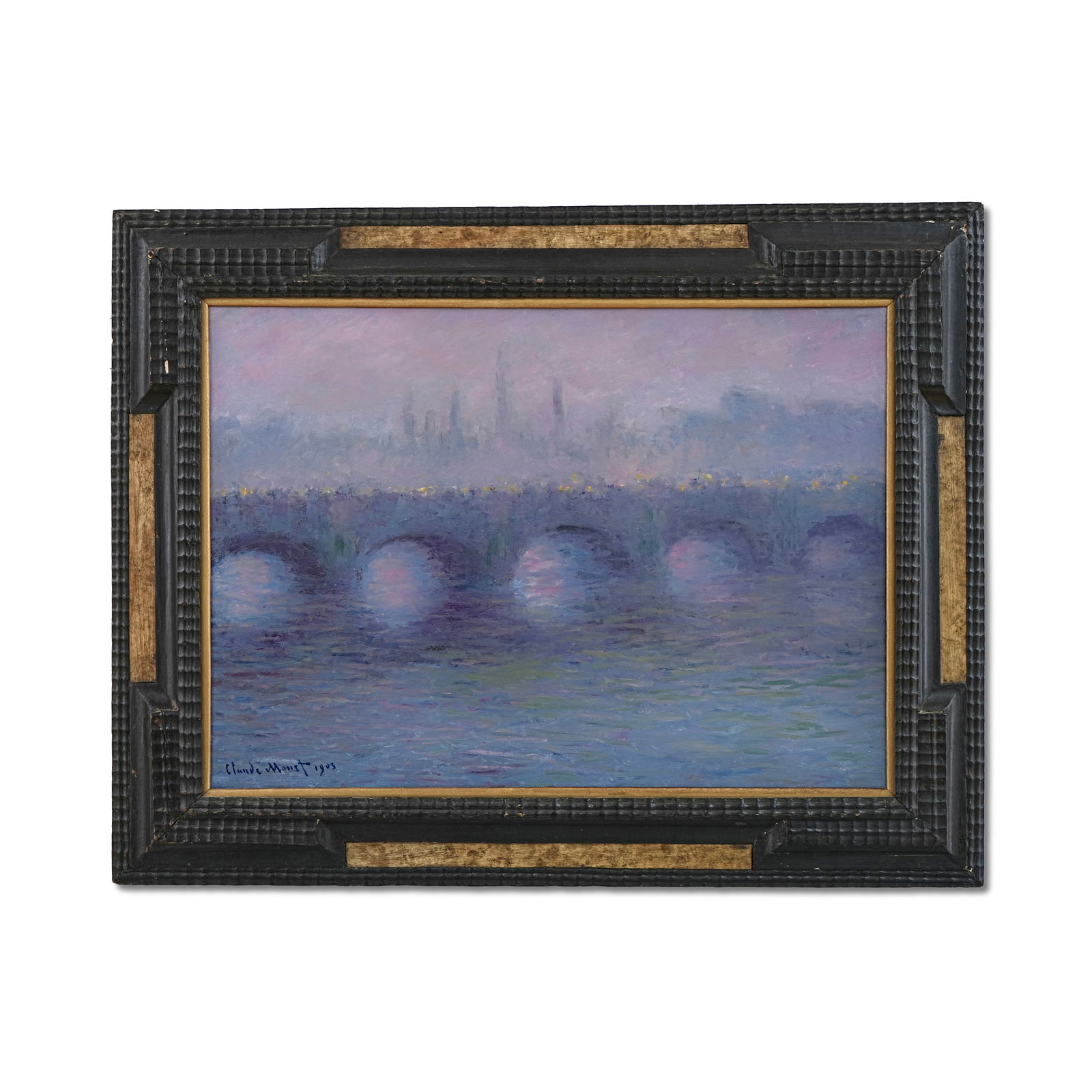 CLAUDE MONET (1840-1926), ATTRIBUTED TO, OIL ON CANVAS: Signed (lower left) Image dimensions: 19 3/4 x 27 1/2 in (50 x 70 cm) Framed dimensions: 35 x 27 1/2 in (89 x 70 cm) This painting comes with COA. Painted in 1903, this atmospheric view of Waterloo Br