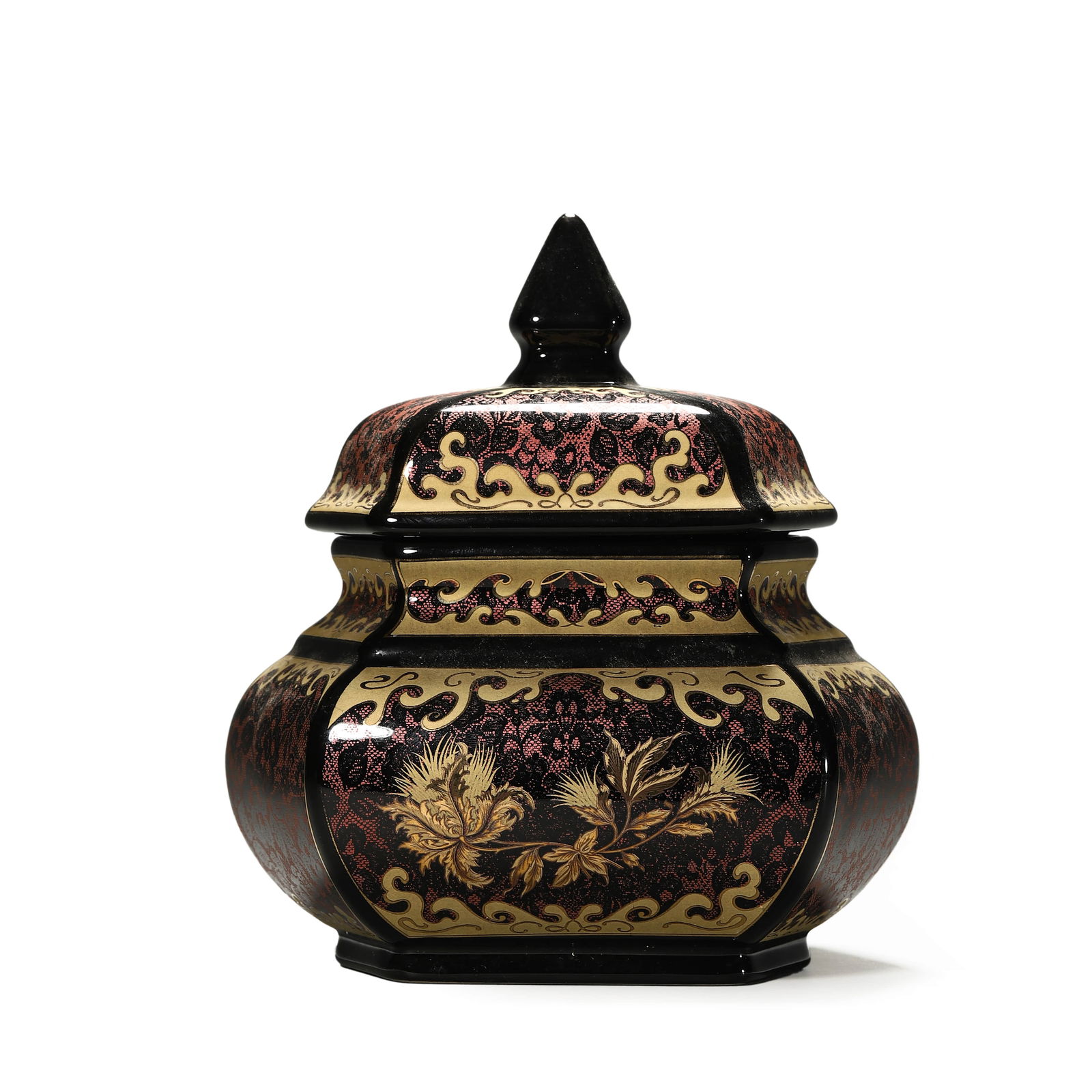 A THAI BLACK AND GOLD LACQUERED LIDDED VESSEL WITH FLORAL MOTIFS. (1 of 8)