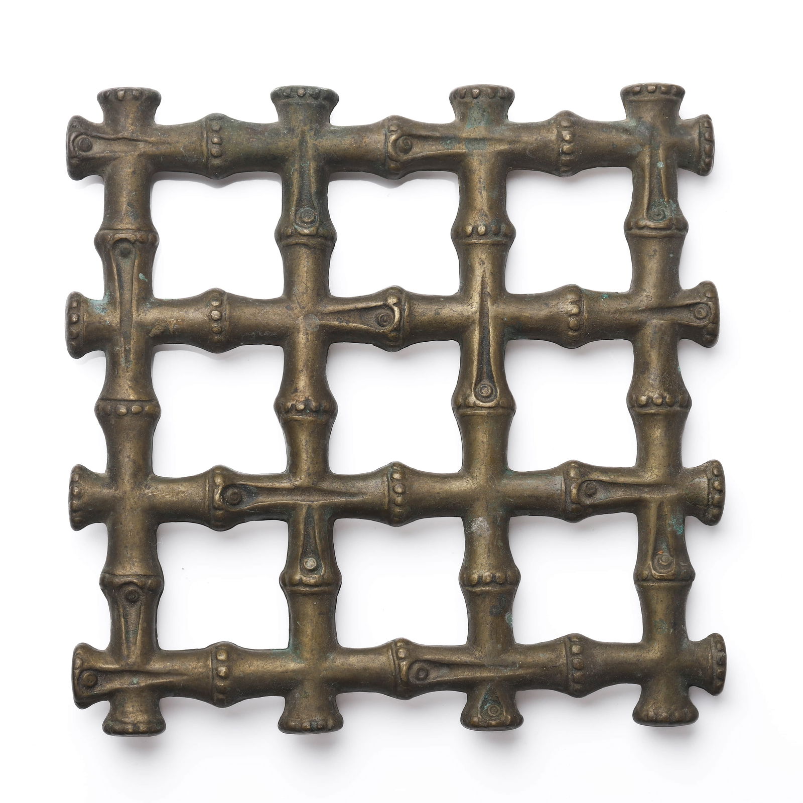 A BRONZE BAMBOO-FORM OPENWORK PANEL: Dimensions Length: 7 11/16 in (19.5 cm); Width: 7 11/16 in (19.5 cm) Description A square openwork panel cast in bronze and modeled as an interlocking lattice of stylized bamboo joints, each segment d