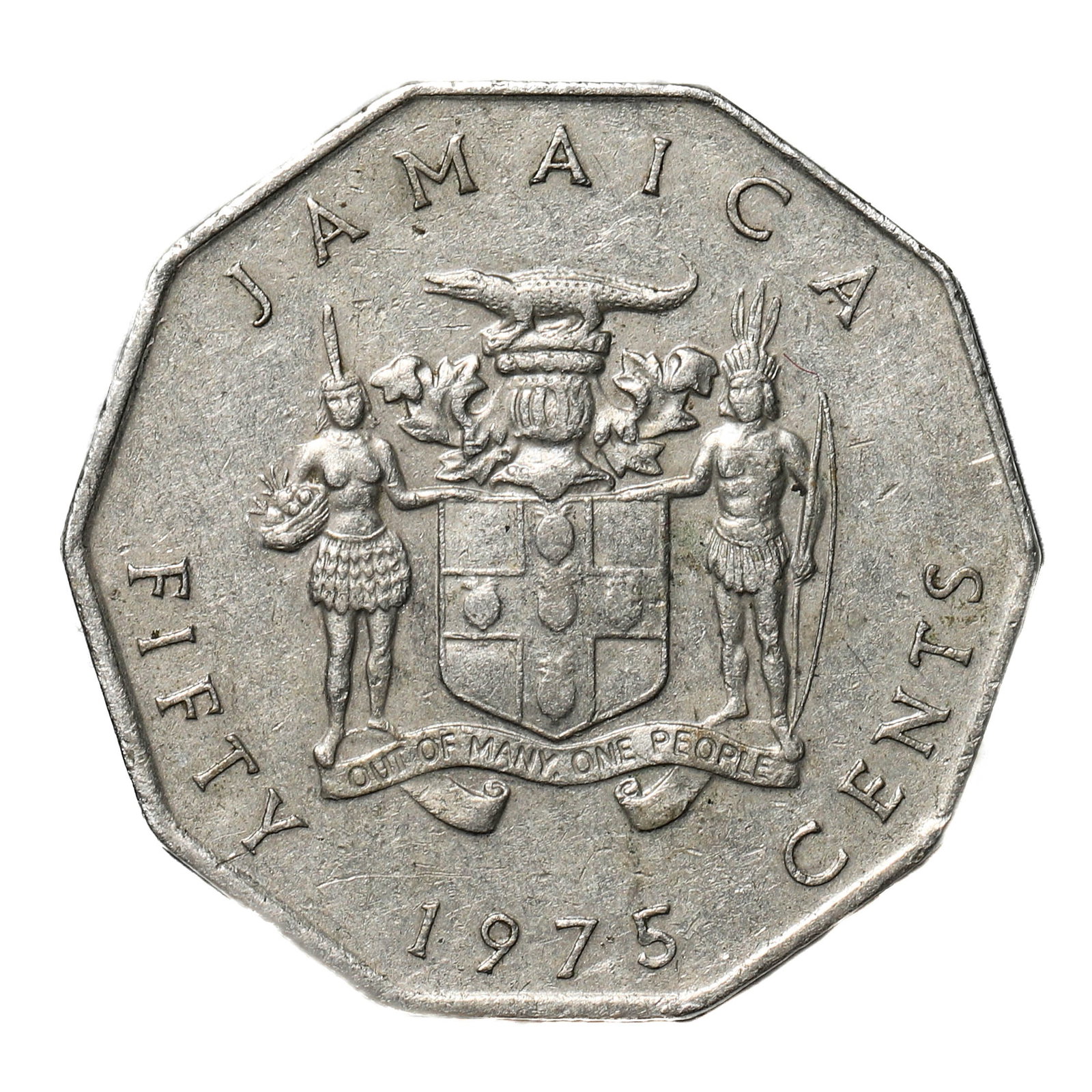 A JAMAICAN FIFTY CENTS COIN, 1975: Dimensions Diameter 1 3/8 in (3.4 cm); Weight 12.4 g. Description A twelve-sided coin featuring on the obverse the Jamaican coat of arms with motto Out of Many, One People, the denomination and date b