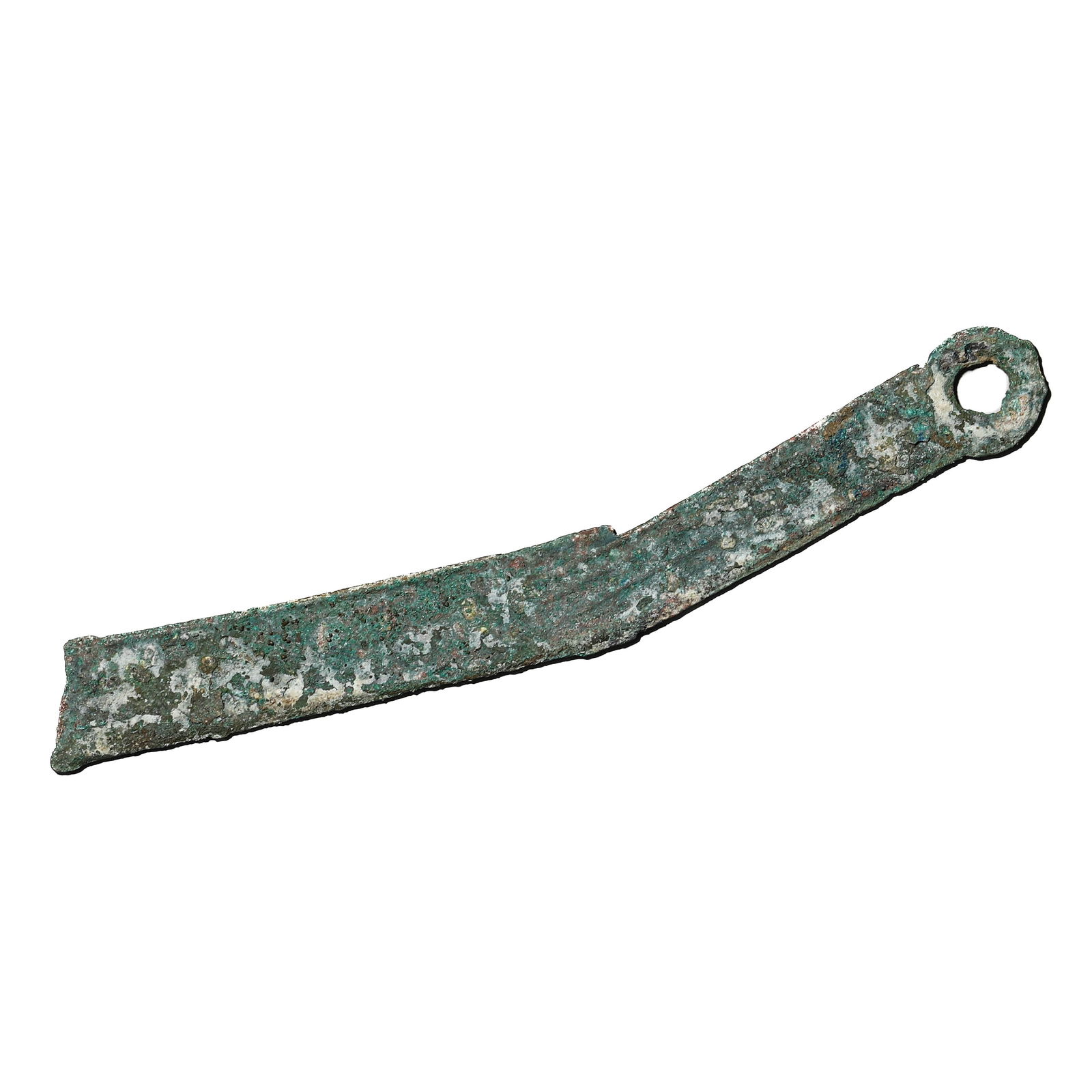 A CHINESE BRONZE SPADE MONEY, WARRING STATES PERIOD (475–221 BC): Dimensions Length 5 1/2 in. (14 cm); Weight 15 g Description A cast bronze spade coin (bu), with elongated rectangular blade, tapering handle, and a pierced circular terminal. The surfaces show charac