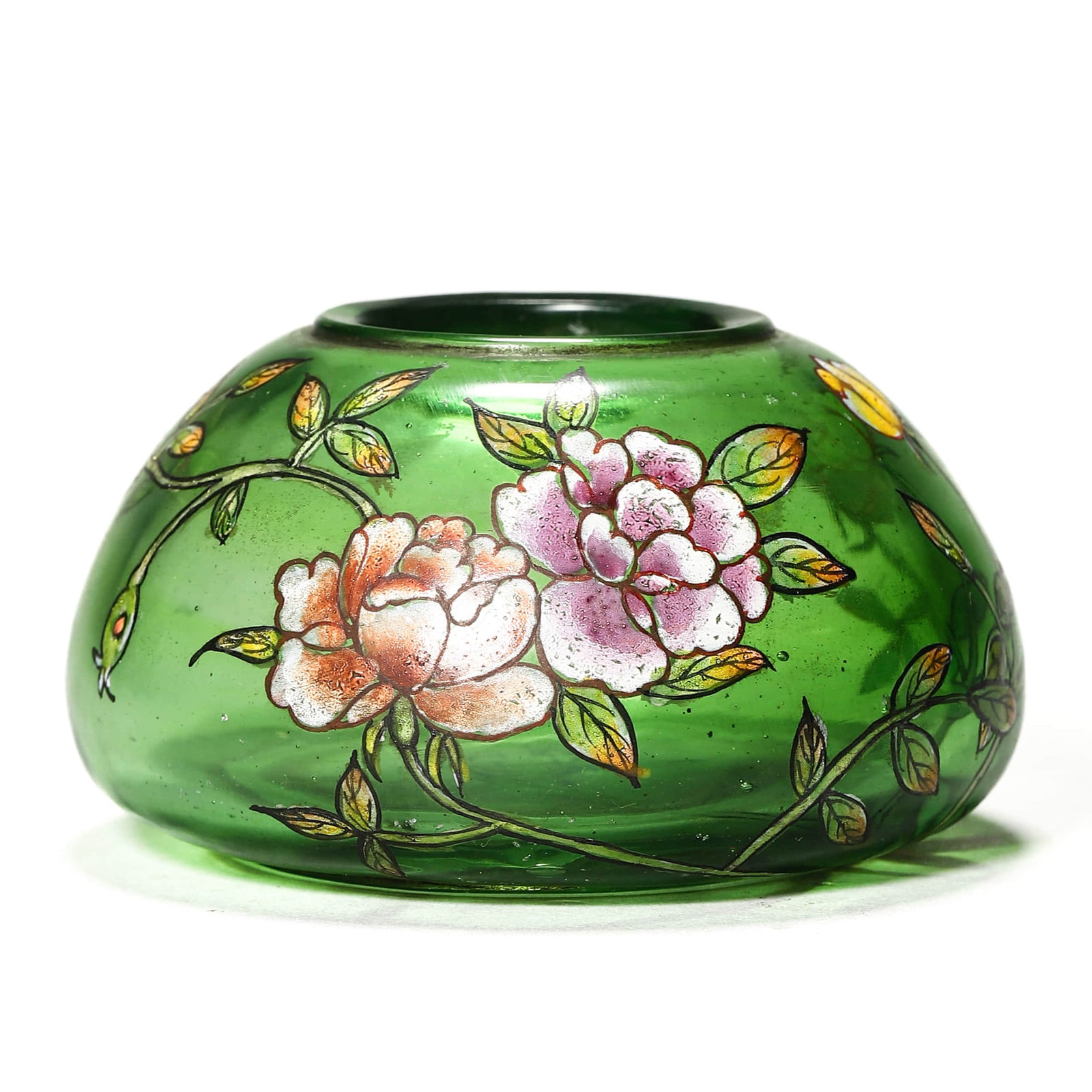 A CHINESE GREEN GLASS BOWL WITH ENAMEL DECORATION, MARKED "QIANLONG NIAN ZHI": Dimensions Height: 1 1/2 in (3.8 cm), Diam: 2 11/16 in (6.8 cm) Description Of compressed globular form, the vessel is finely crafted in rich translucent green glass and decorated in polychrome enamel