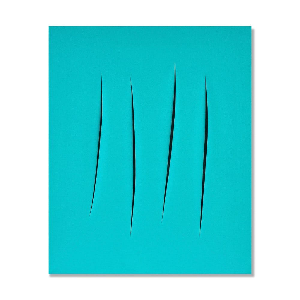 LUCIO FONTANA (1907-1968), ATTRIBUTED TO, WATERPAINT ON CANVAS: Signed (verso) Image Dimensions: 36 1/4 x 29 1/2 in (92.2 x 75 cm) This painting comes with COA. Lucio Fontana, the pioneering founder of Spatialism, occupies a central position in twentieth century a