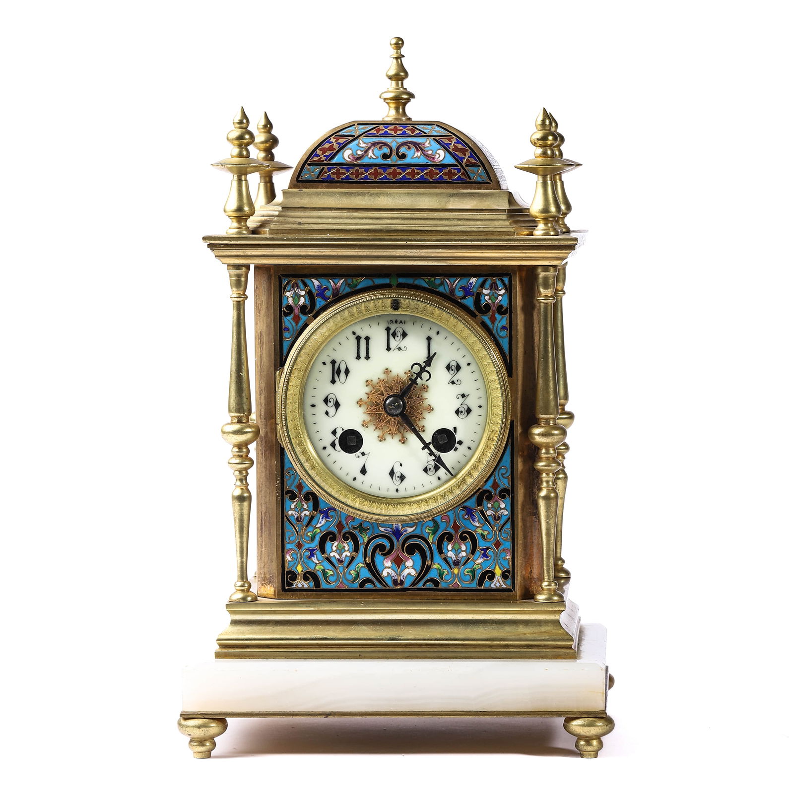 A CHINESE CLOISONNÉ ENAMEL AND GILT-BRONZE MANTEL CLOCK WITH KEY Of rectangular form surmounted by (1 of 9)