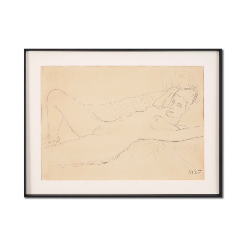 GUSTAV KLIMT (1862-1918), ATTRIBUTED TO, CHARCOAL ON PAPER: Signed (lower right) Image Dimensions: 20 5/8 x 14 5/8 in (52.5 x 37.2 cm) This painting comes with COA. This exquisite pencil drawing from 1917 encapsulates the sensual elegance and psychological int