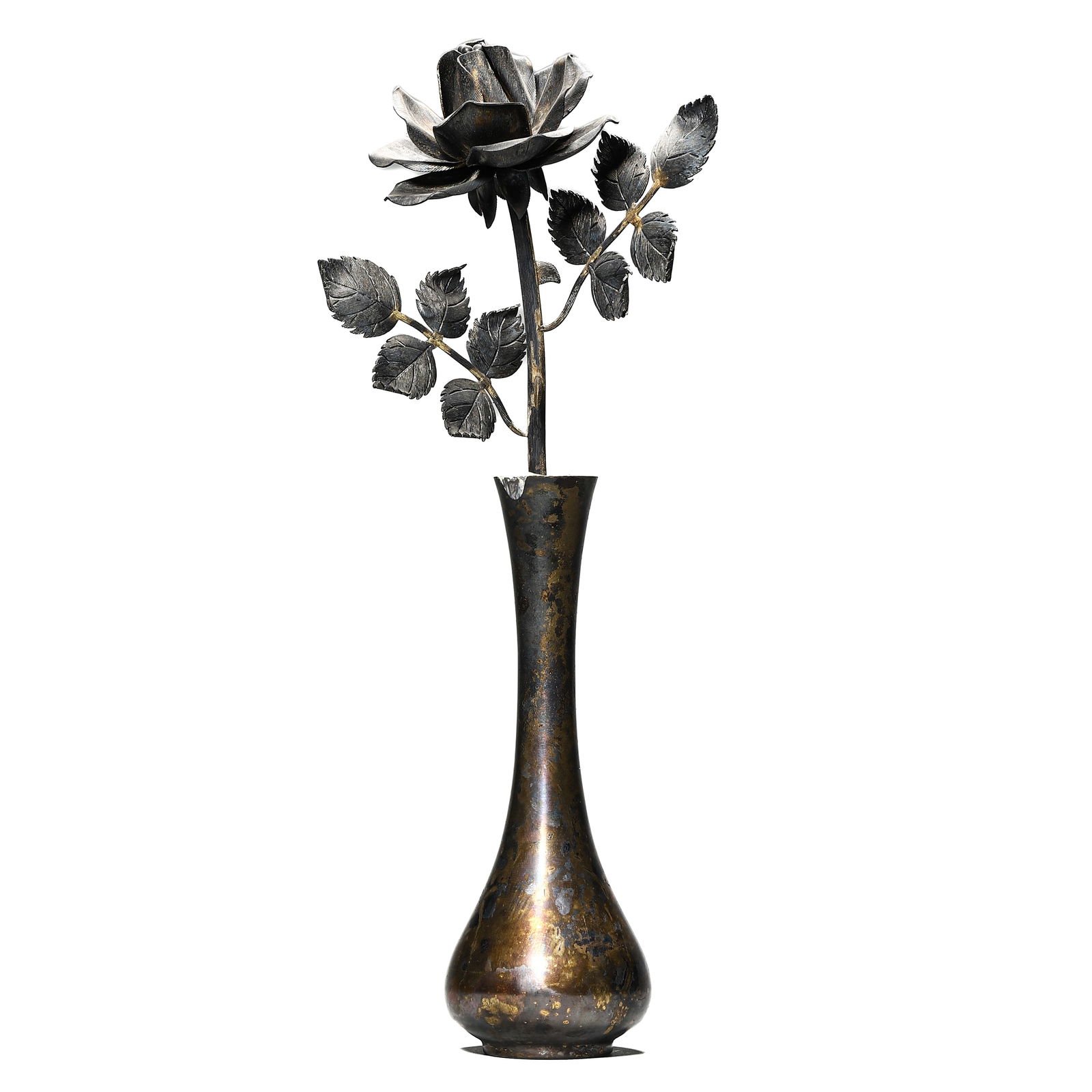 A TIFFANY & CO. STERLING SILVER ROSE IN VASE, MID-20TH CENTURY: Height: 9 1/2 in. (24 cm); Weight: 15 oz (425 g)