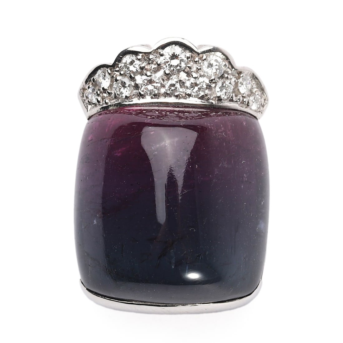 A PLATINUM, GEMSTONE AND DIAMOND RING MOUNT: Dimensions Length: 1 1/16 in. (27.1 mm); Width: 3/4 in. (19.4 mm); Thickness: 9/16 in. (14.7 mm); Weight: 18.1 g Description Of bold design, centering a large cabochon-cut purplish gemstone weighing a