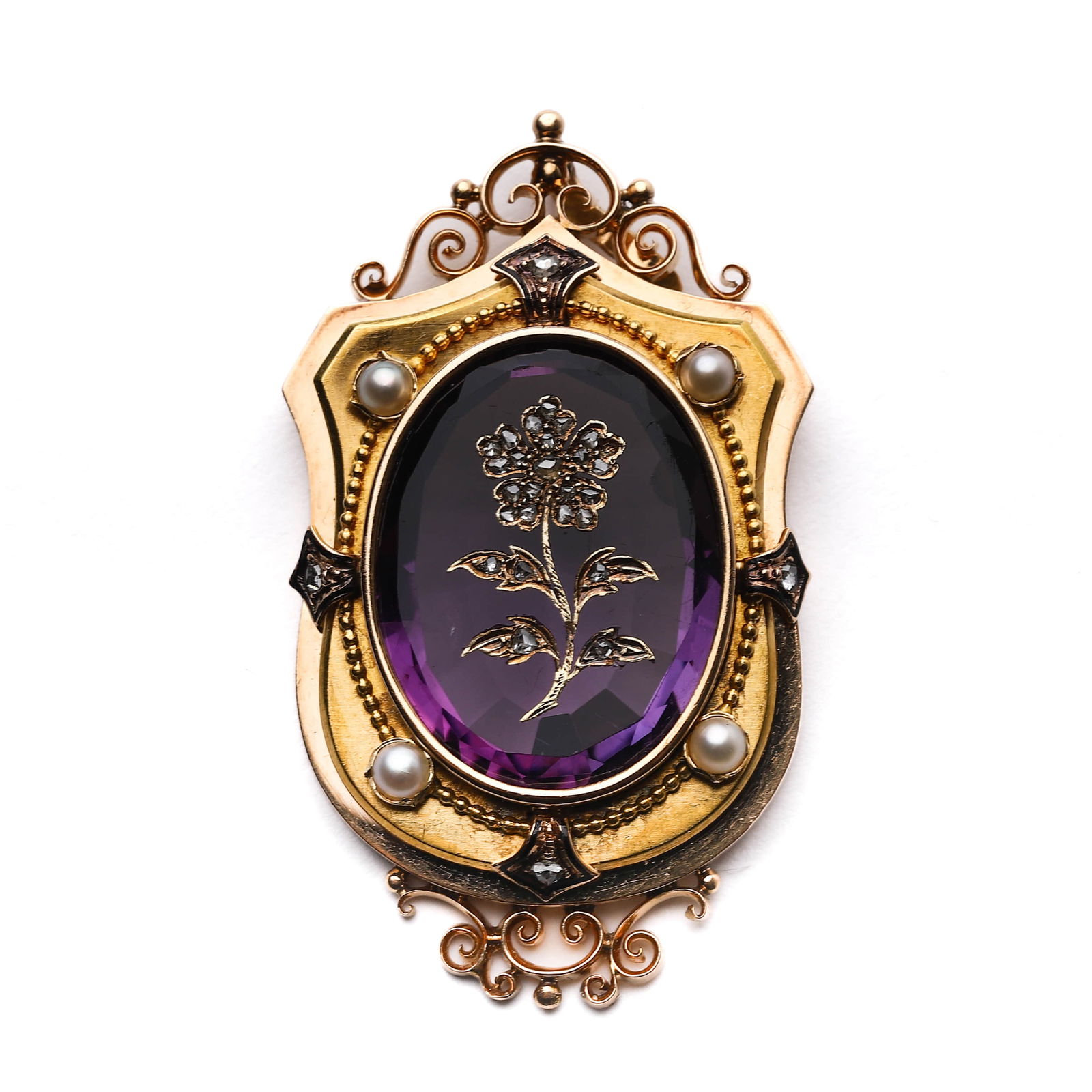 A VICTORIAN GOLD, AMETHYST, DIAMOND, AND PEARL LOCKET BROOCH, 19TH CENTURY (1 of 5)