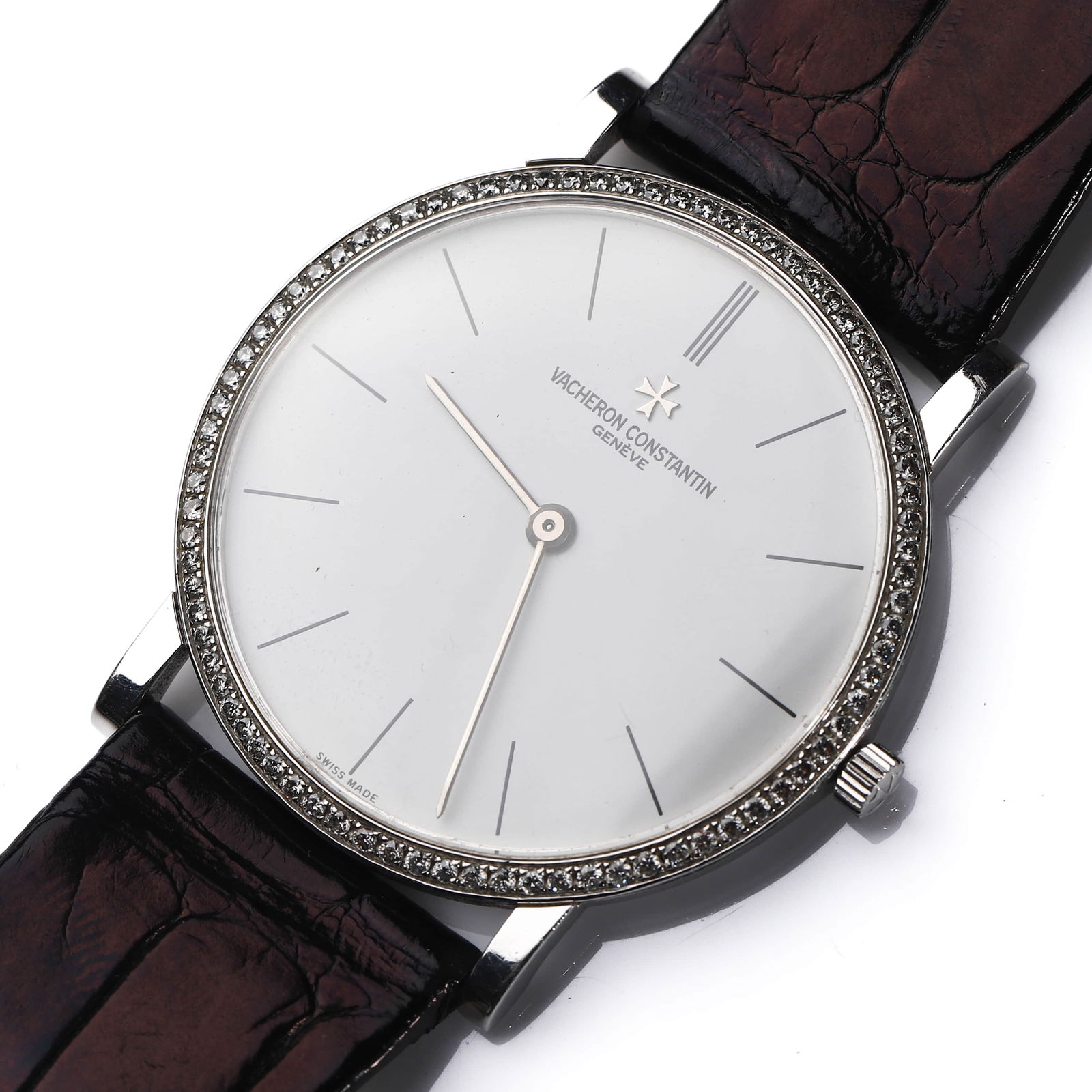 VACHERON CONSTANTIN DIAMOND-SET WRISTWATCH: Dimensions case diameter approx. 1 5/16 in (33.5 mm); overall length approx. 8 1/4 in (21 cm). Description An elegant Vacheron Constantin wristwatch featuring a refined round case fitted with a diamon