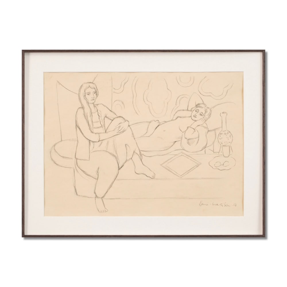 HENRI MATISSE (1869-1954), ATTRIBUTED TO, PENCIL ON CANVAS: Signed (lower right) Image Dimensions: 15 1/8 x 20 in (38.4 x 50.8 cm) Framed Dimensions: 25 x 19 1/8 in (63.4 x 48.6 cm) This painting comes with COA. This refined pencil drawing by Henri Matisse exe
