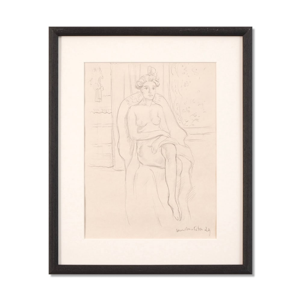 HENRI MATISSE (1869-1954), ATTRIBUTED TO, PENCIL ON PAPER: Signed (lower right) Image Dimensions: 12 5/8 x 9 1/2 in (32 x 24 cm) Framed Dimensions: 17 1/2 x 14 3/8 in (44.5 x 36.5 cm) This painting comes with COA. This refined drawing by Henri Matisse dates f