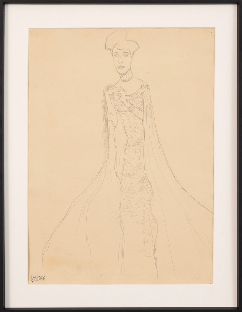 GUSTAV KLIMT (1862-1918), ATTRIBUTED TO, GRAPHITE ON PAPER: Signed (lower left) Image Dimensions: 20 5/8 x 14 5/8 in (52.5 x 37.2 cm) This painting comes with COA. This refined graphite drawing by Gustav Klimt captures the elegant poise and stylized presence o