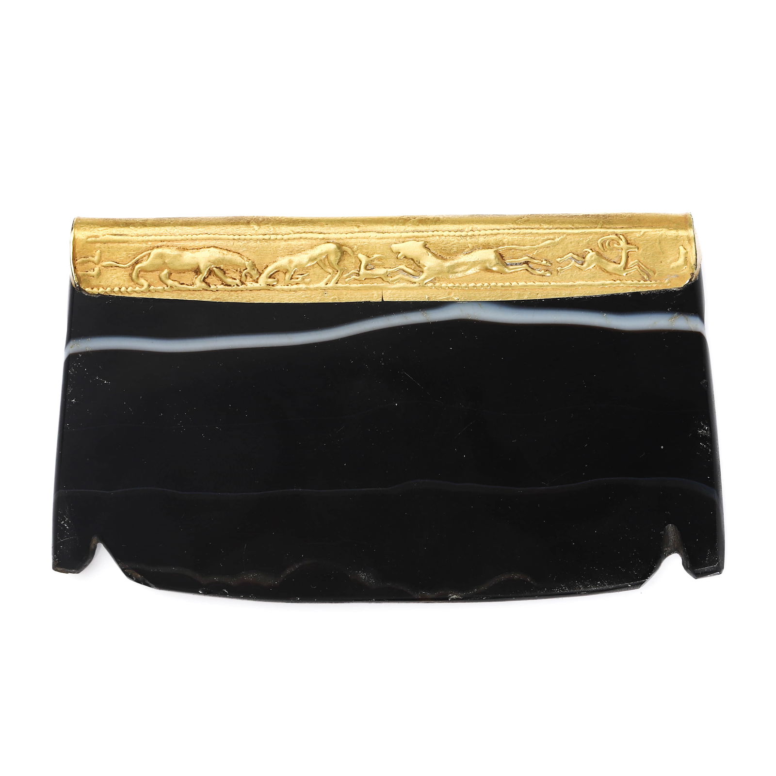 ANTIQUE GOLD-MOUNTED AGATE DESK SEAL OR PAPERWEIGHT: Dimensions Length: 3 1/8 in. (8 cm); Width: 1 13/16 in. (4.6 cm); Weight: 47.5 g Description An antique hardstone object carved from a single piece of deep black agate, distinguished by a natural pale