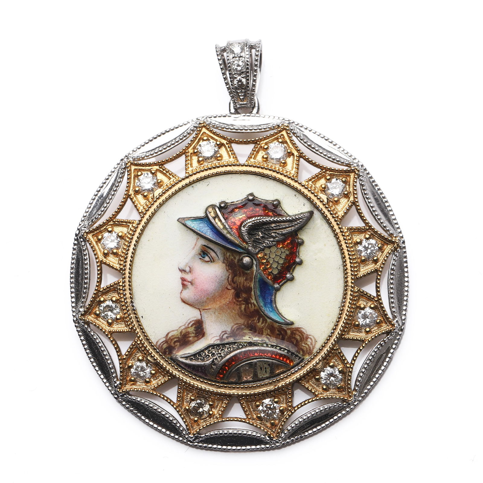 A GOLD, SILVER, ENAMEL, AND DIAMOND PENDANT.: Dimensions Length 1 13/16 in (45.6 mm); width 1 1/2 in (37.5 mm); weight 15.4 g. Description The circular pendant centered with a finely painted enamel portrait of a lady in profile wearing a winged h