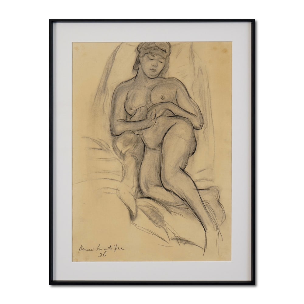 HENRI MATISSE (1869-1954), ATTRIBUTED TO, CHARCOAL ON PAPER: Signed (lower left) Image Dimensions: 19 3/4 x 14 1/4 in (50.3 x 36.3 cm) Frame Image Dimensions: 24 x 18 3/8 in (61 x 46.6 cm) This painting comes with COA. This charcoal drawing of a reclining nude,