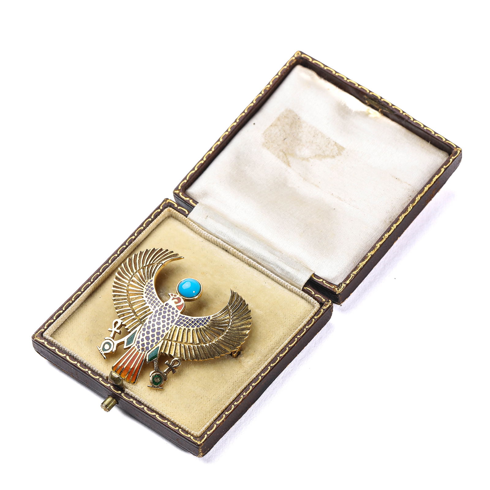 ART NOUVEAU FRENCH EGYPT REVIVAL BROOCH: This exquisite Art Nouveau (1880–1920) brooch is a stunning example of Egypt Revival artistry. Handcrafted in 18k gold, it features intricate high-temperature enamel detailing and is adorned with a