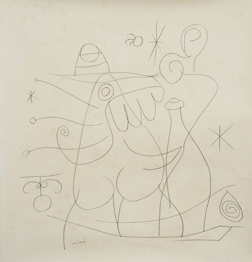 JOAN MIRÓ (1893-1983), ATTRIBUTED TO, PENCIL ON PAPER: Image Dimensions: 22 1/2 x 21 5/8 in (57 x 55 cm) Signed (lower left) This painting comes with COA. This drawing by Joan Miró encapsulates the essence of his surrealist vision through a delicate yet