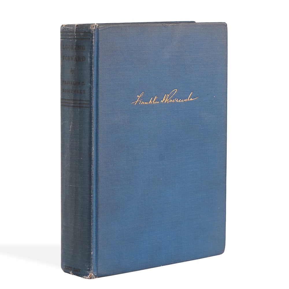 FRANKLIN D. ROOSEVELT SIGNED LOOKING FORWARD BOOK: 7 5/8 x 5 3/8 in (19.5 x 13.5 cm) Provenance and Authentication: This collectible has undergone a rigorous forensic evaluation. The signatures were carefully analyzed across multiple criteria, includi