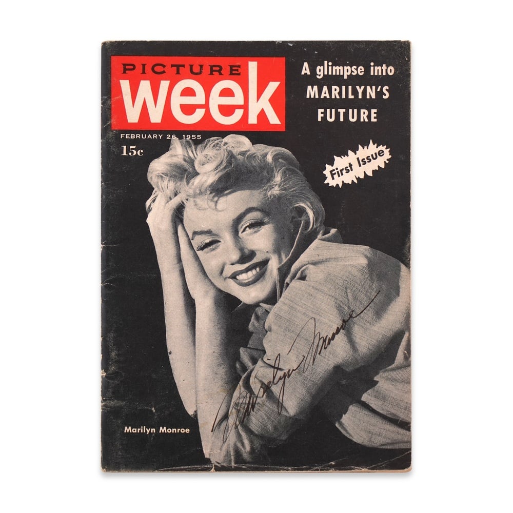 MARILYN MONROE SIGNED "PICTURE WEEK" MAGAZINE: 5 7/8 x 4 1/8 in (14.9 x 10.5 cm) Provenance and Authentication: This collectible has undergone a rigorous forensic evaluation. The signatures were carefully analyzed across multiple criteria, includi