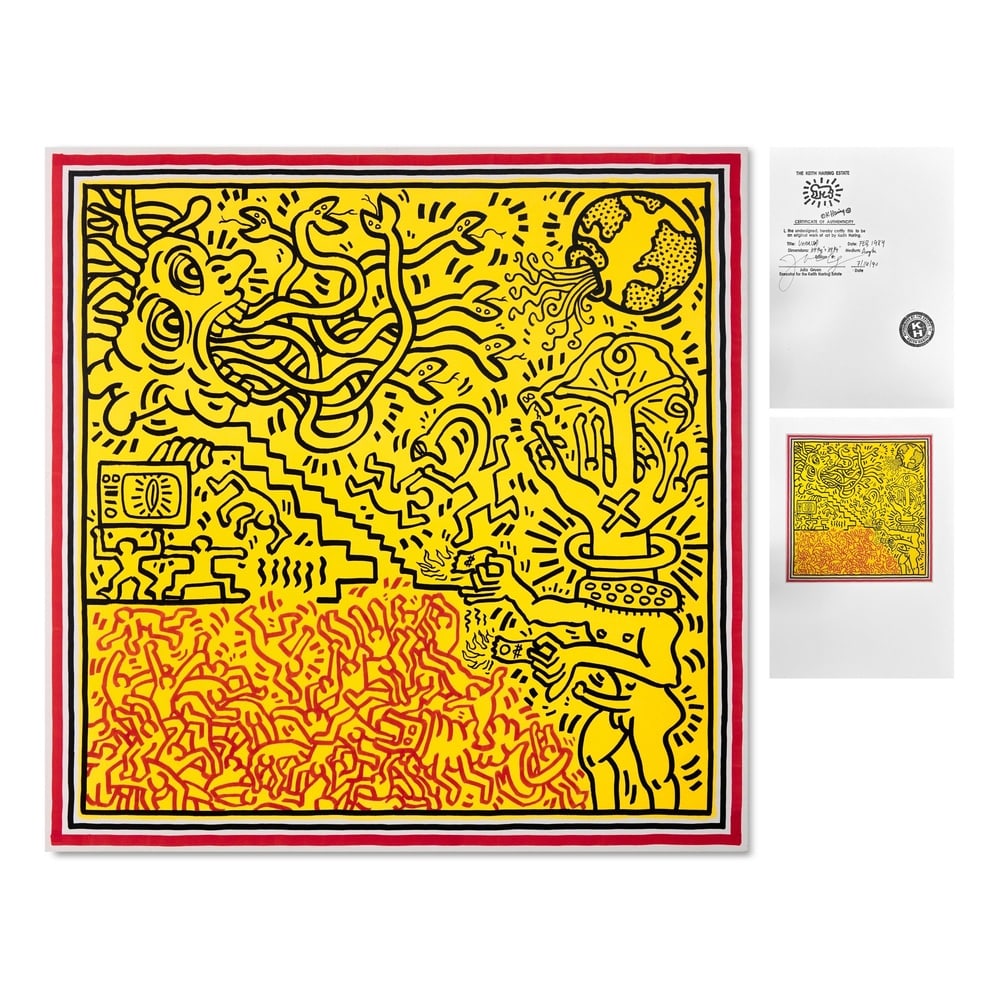 KEITH HARING (1958-1990), ATTRIBUTED TO, ACRYLIC ON CANVAS: Signed (reverse) Image Dimensions: 39 3/4 in x 39 3/4 in (100.5 x 100.5 cm) This painting comes with COA. Keith Haring (1958-1990) was a trailblazing American artist celebrated for his iconic and acce