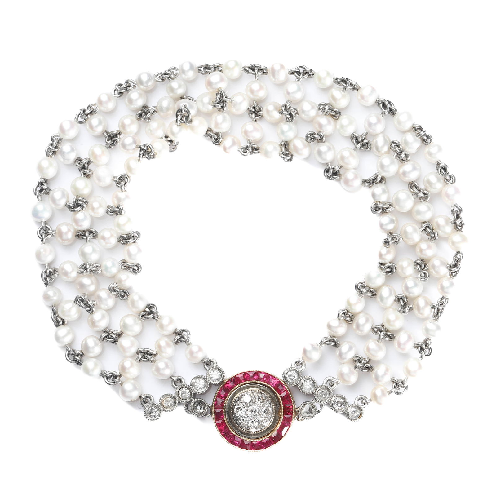 AN ANTIQUE PEARL, DIAMOND AND RUBY BRACELET: Dimensions Length: 7 1/2 in (19 cm); Weight: 18.8 g. Description An elegant antique bracelet composed of multiple strands of lustrous natural pearls, each individually linked with fine white metal