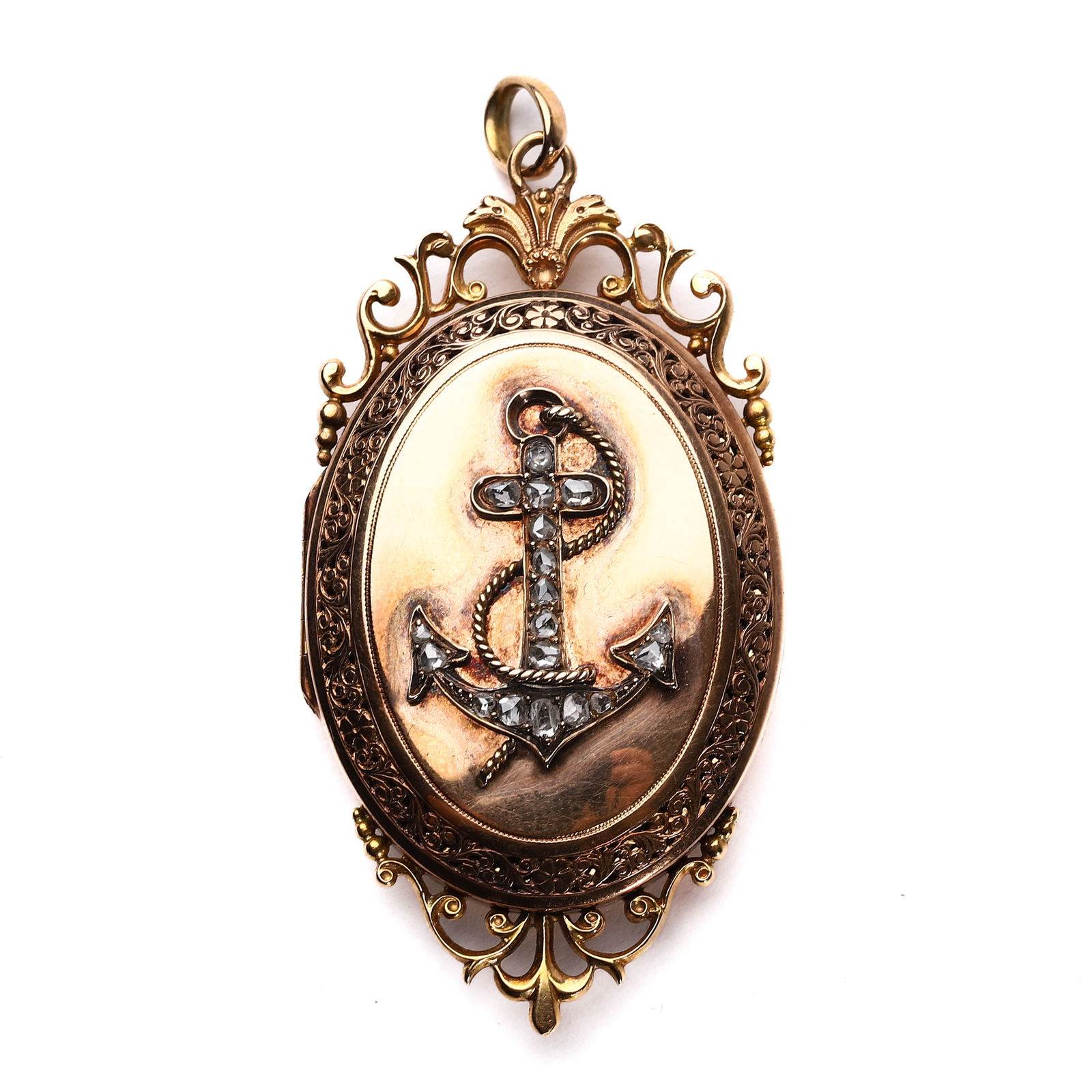 VINTAGE ANCHOR DESIGN LOCKET.: Dimensions: Length 2 1/4 in. (5.5 cm), Width 1 1/8 in. (2.9 cm), Weight: 10 g. Description: This charming locket features a beautiful anchor design on its front, embellished with small clear