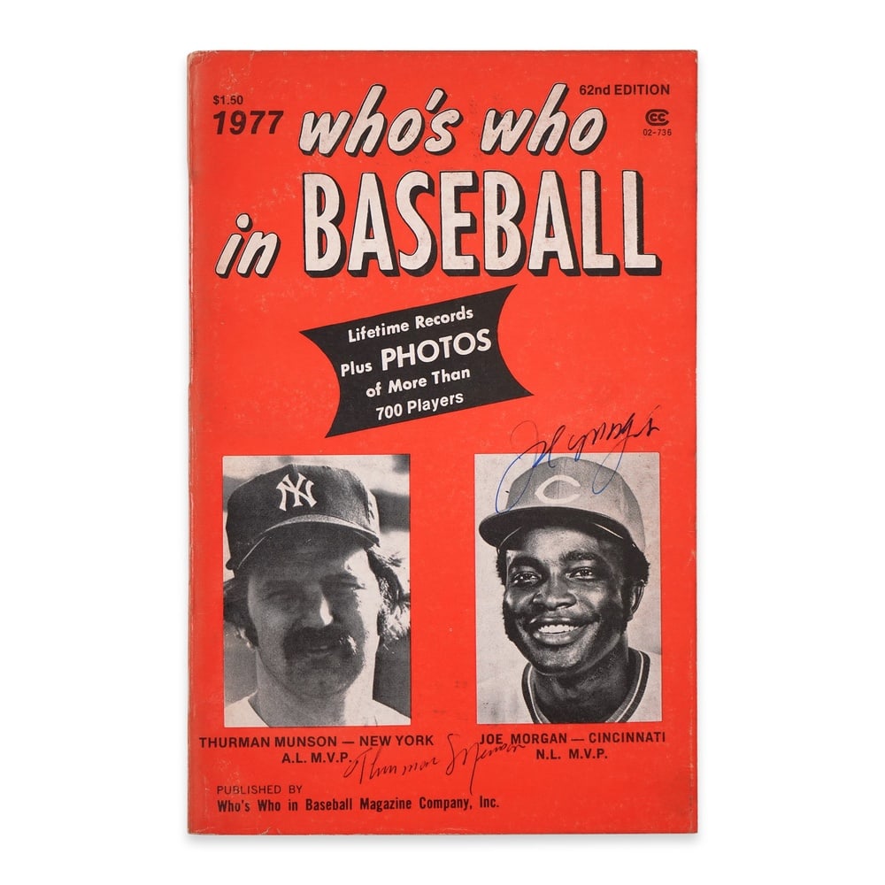 THURMAN MUNSON & JOE MORGAN SIGNED "WHO'S WHO IN BASEBALL" MAGAZINE: 8 1/4 x 5 1/4 in (20.8 x 13.3 cm) This signed 1977 issue of Who's Who in Baseball stands as a remarkable dual-autograph collectible, featuring the signatures of two of the most iconic Major League